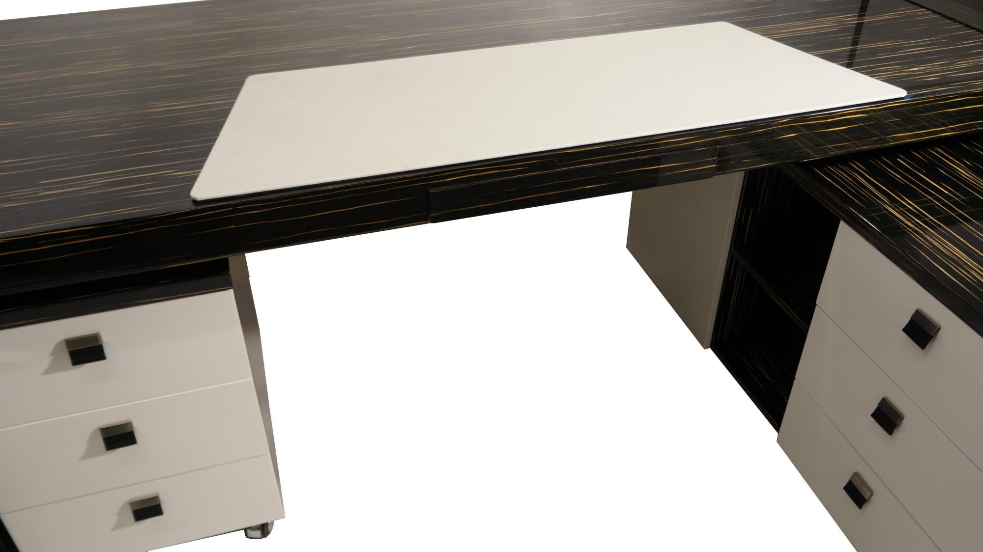 Contemporary High Gloss Black Zebrano Executive Office Desk with Pedestal and Return - 2000mm - 6852